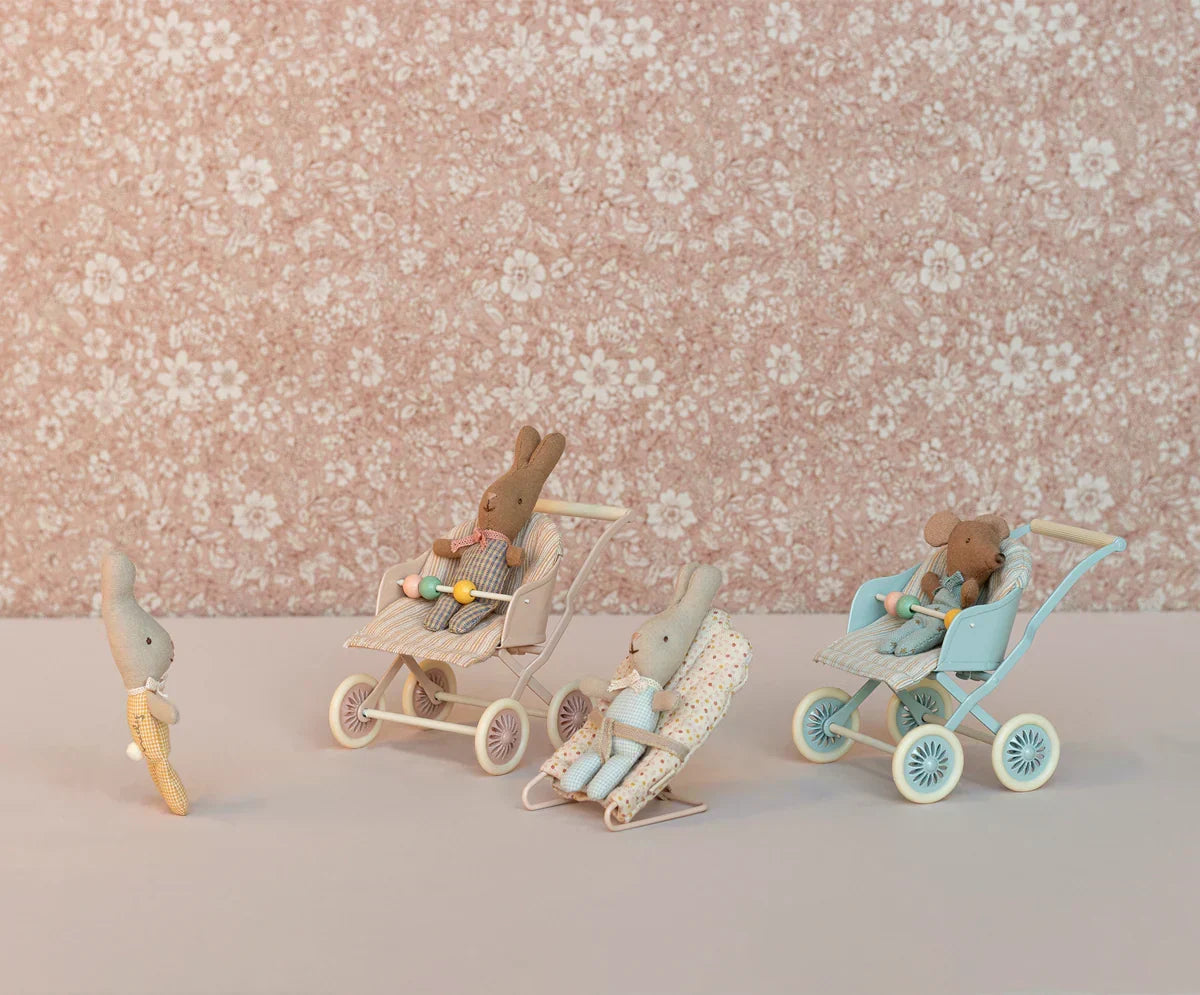 Maileg Stroller, Baby Mice- Blue