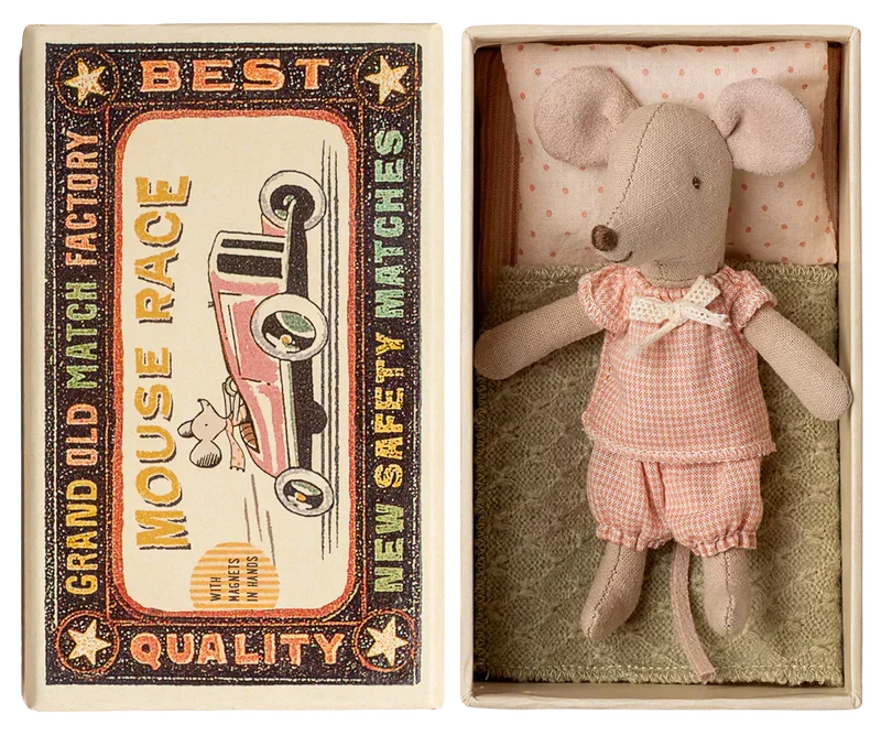 Maileg Princess Mouse, Little sister in Matchbox - Gingham Set